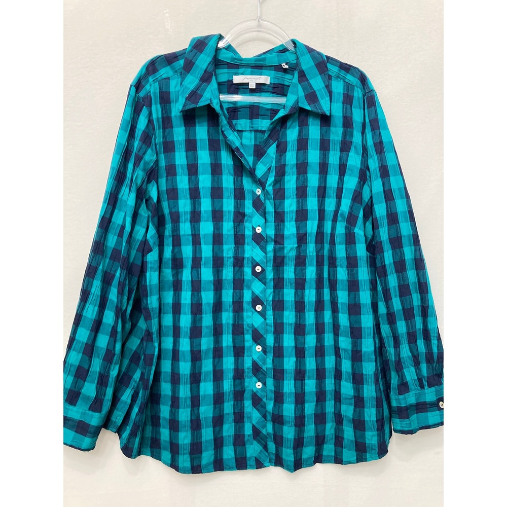 Foxcroft Button Down size 20W Teal Plaid Textured Shaped Long Sleeve Preppy